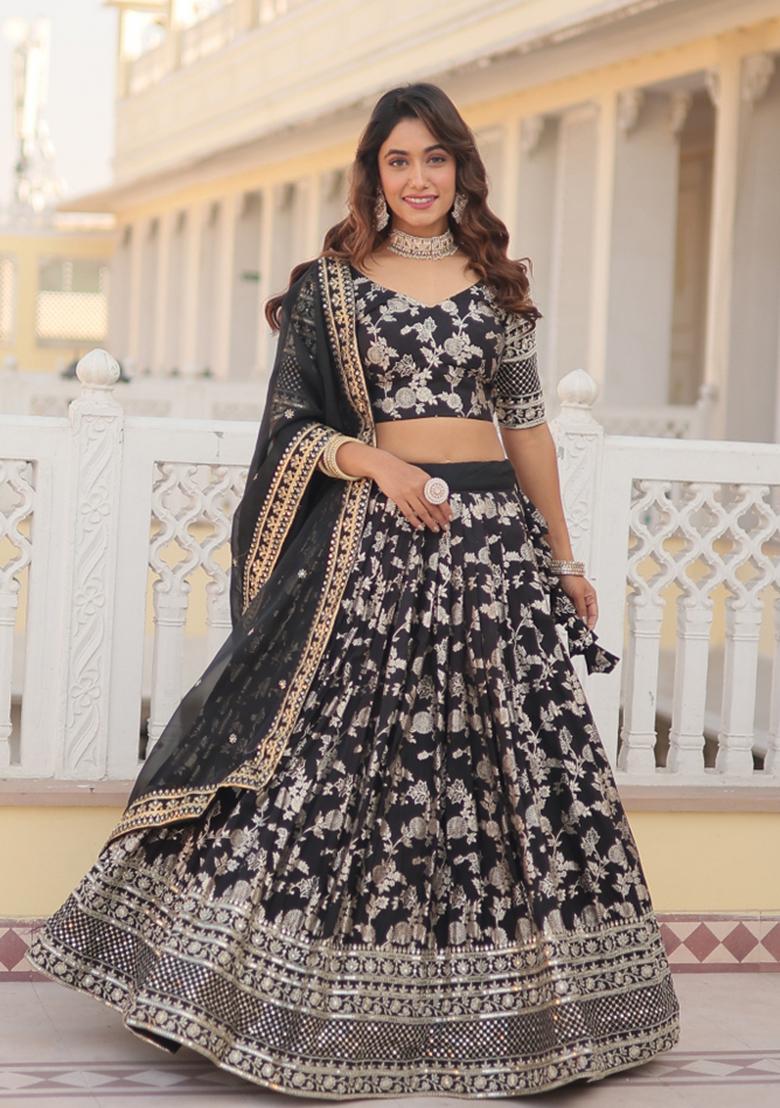 Black Embroidery Viscose Lehenga Set - Indya