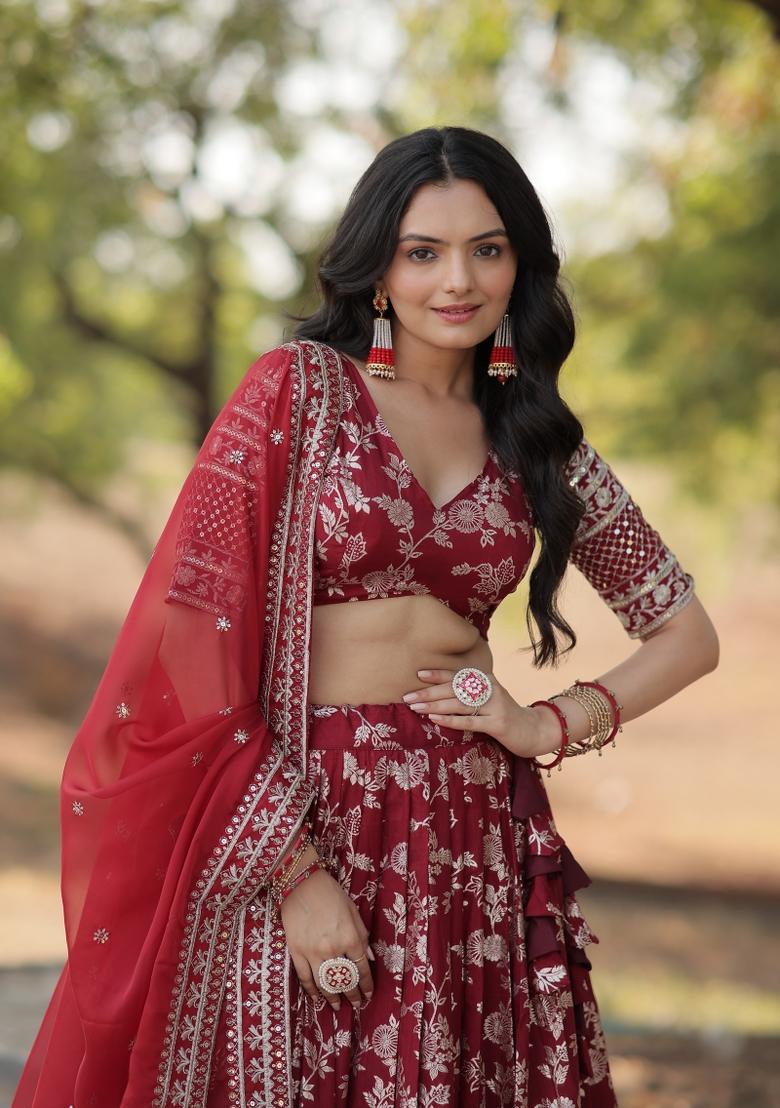 Maroon Embroidery Viscose Lehenga Set - Indya