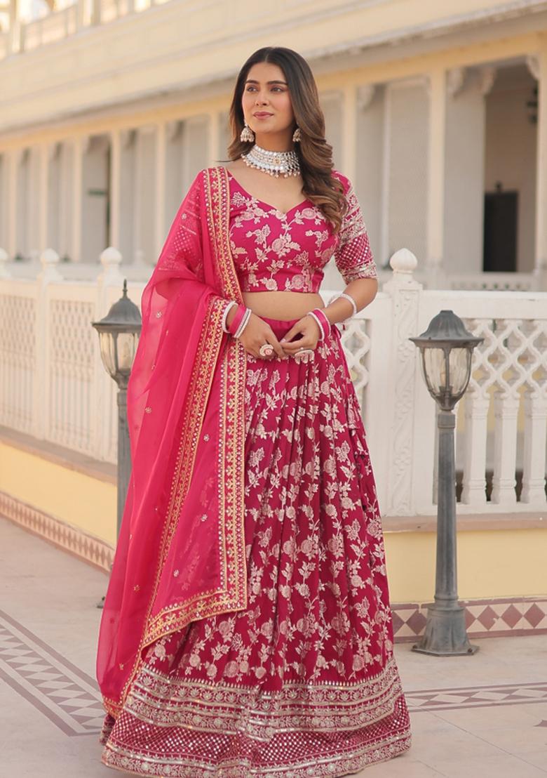 Pink Embroidery Viscose Lehenga Set - Indya