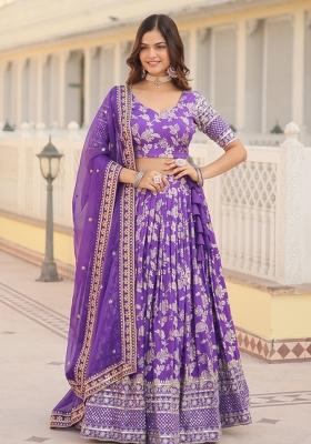 Purple Embroidery Viscose Lehenga Set