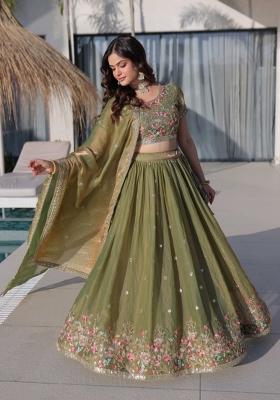 Pista Embroidery Silk Lehenga Set