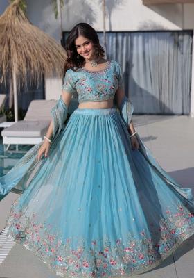 Sky Blue Embroidery Silk Lehenga Set