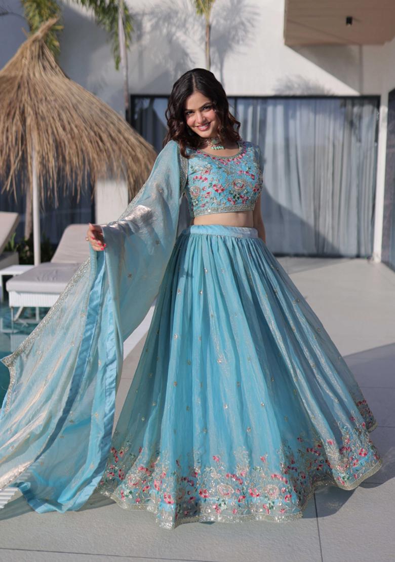 Sky Blue Embroidery Silk Lehenga Set - Indya