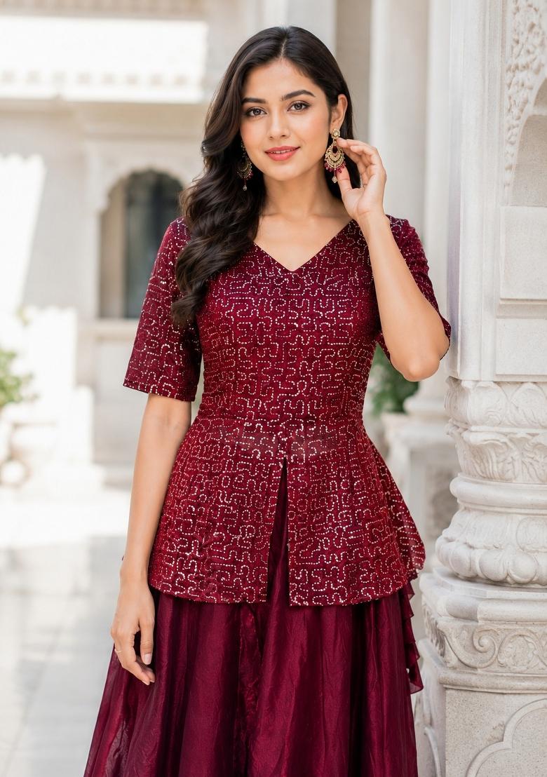 Maroon Embroidery Fendi Lehenga Set - Indya