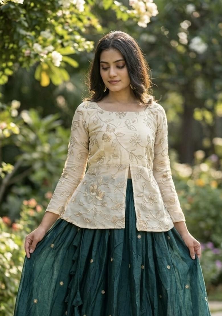Green Embroidery Cosmos Lehenga Set - Indya