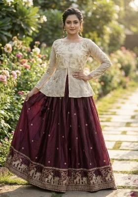Wine Embroidery Cosmos Lehenga Set