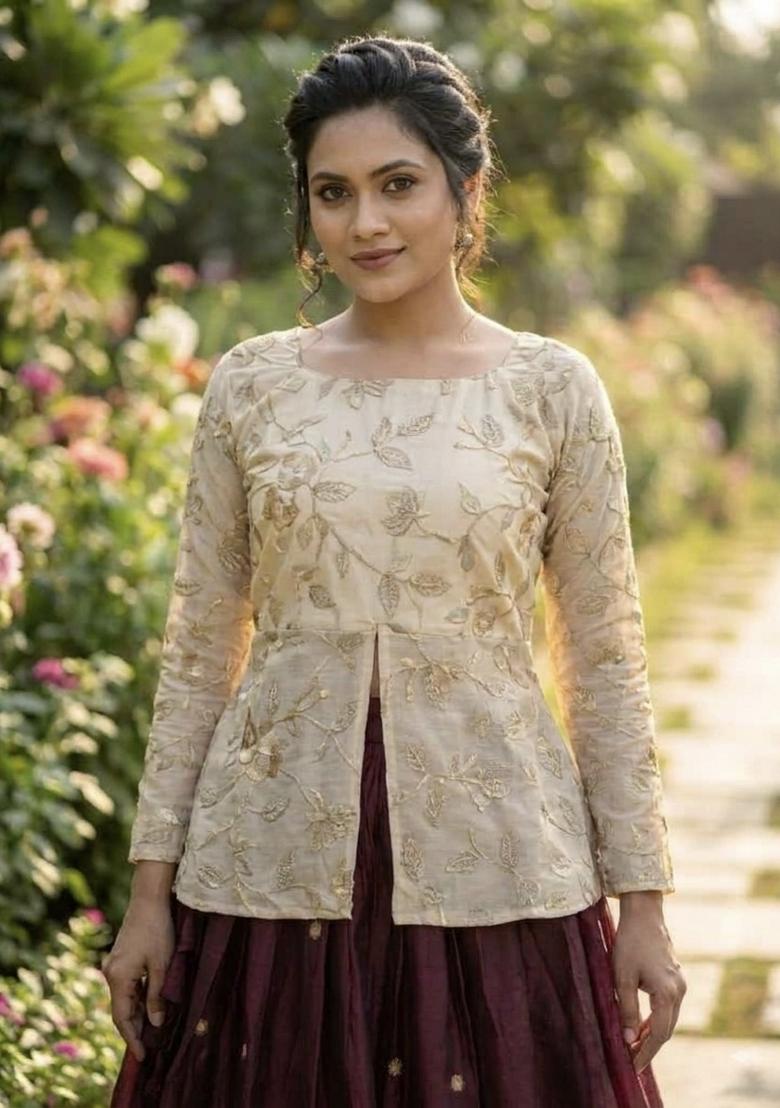 Wine Embroidery Cosmos Lehenga Set - Indya