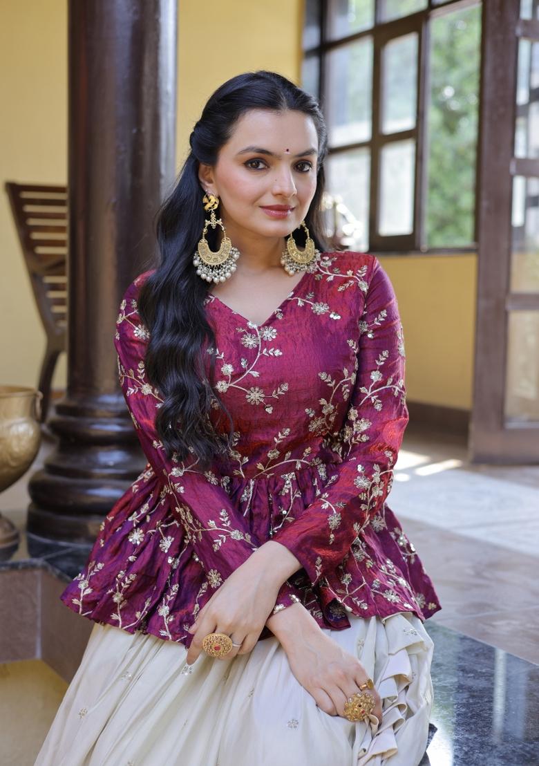 Magenta Embroidery Silk Lehenga Set - Indya