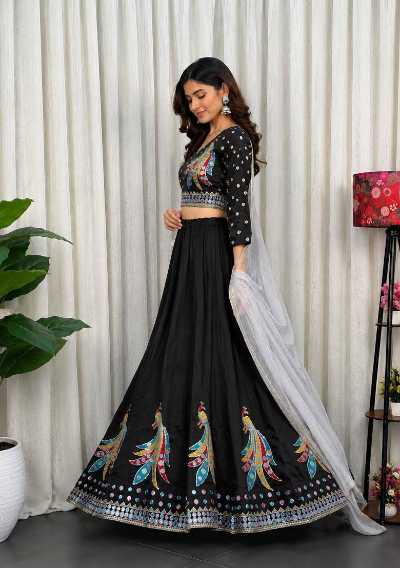 Black Silk Lehenga Choli - Indya