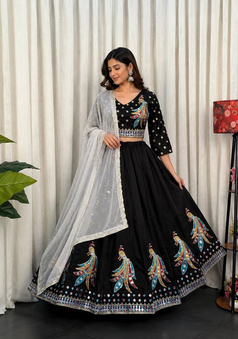 Black Silk Lehenga Choli - Indya