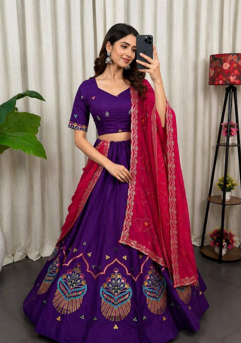 Purple Silk Lehenga Choli - Indya