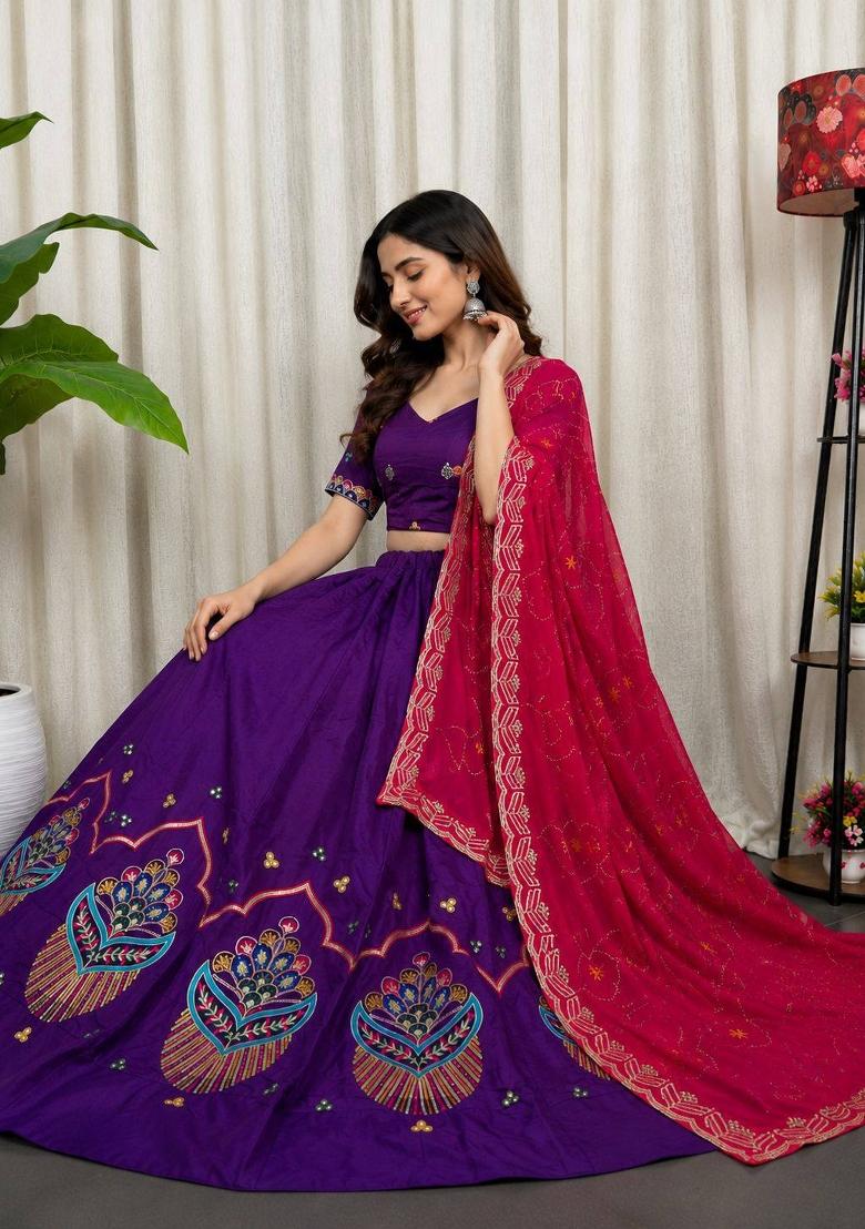 Purple Silk Lehenga Choli - Indya