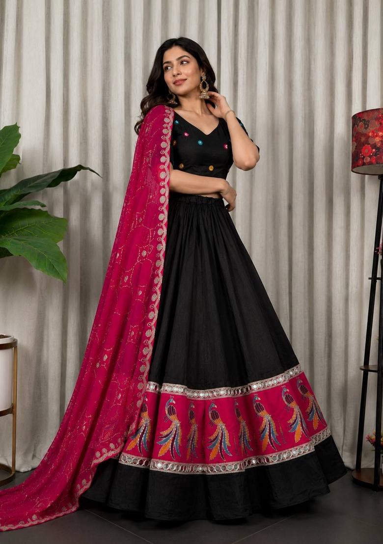 Black Silk Lehenga Choli - Indya