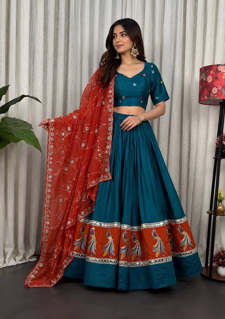 Green Silk Lehenga Choli - Indya