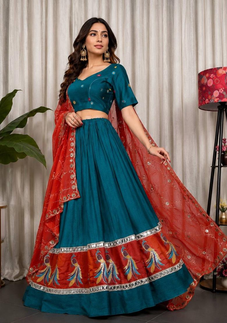 Green Silk Lehenga Choli - Indya