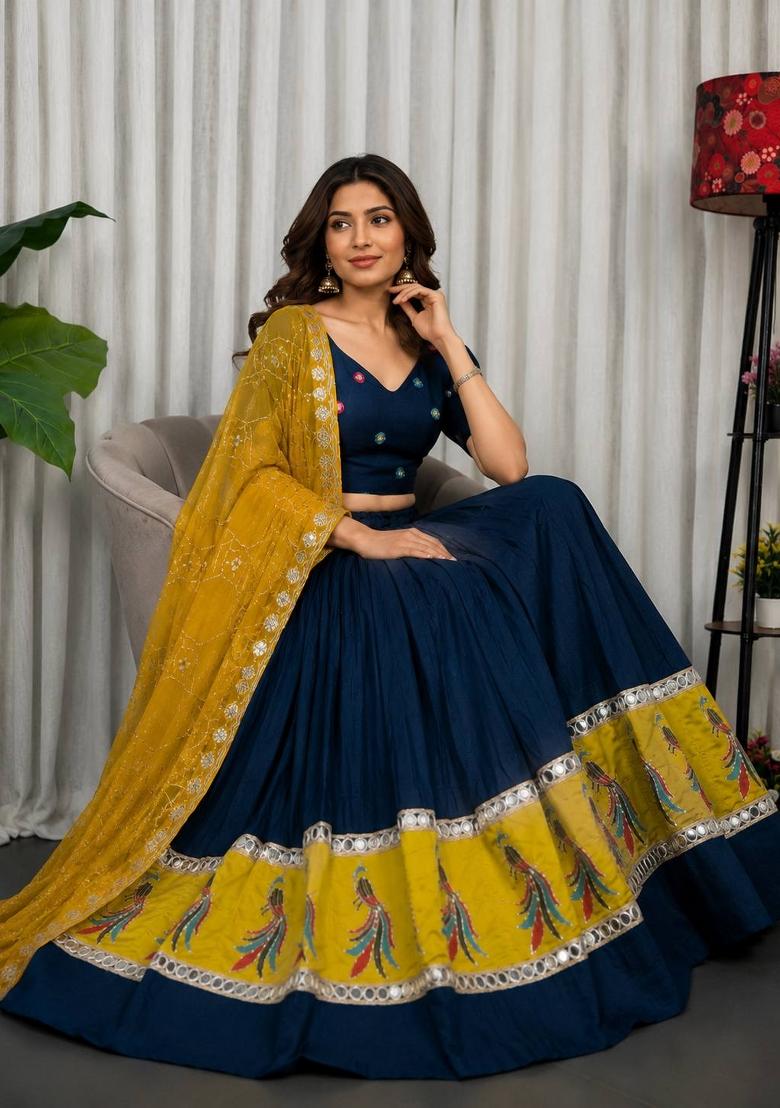 Blue Silk Lehenga Choli - Indya