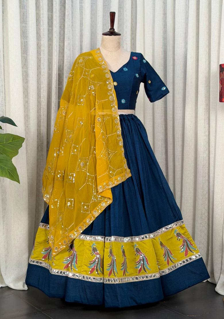 Blue Silk Lehenga Choli - Indya