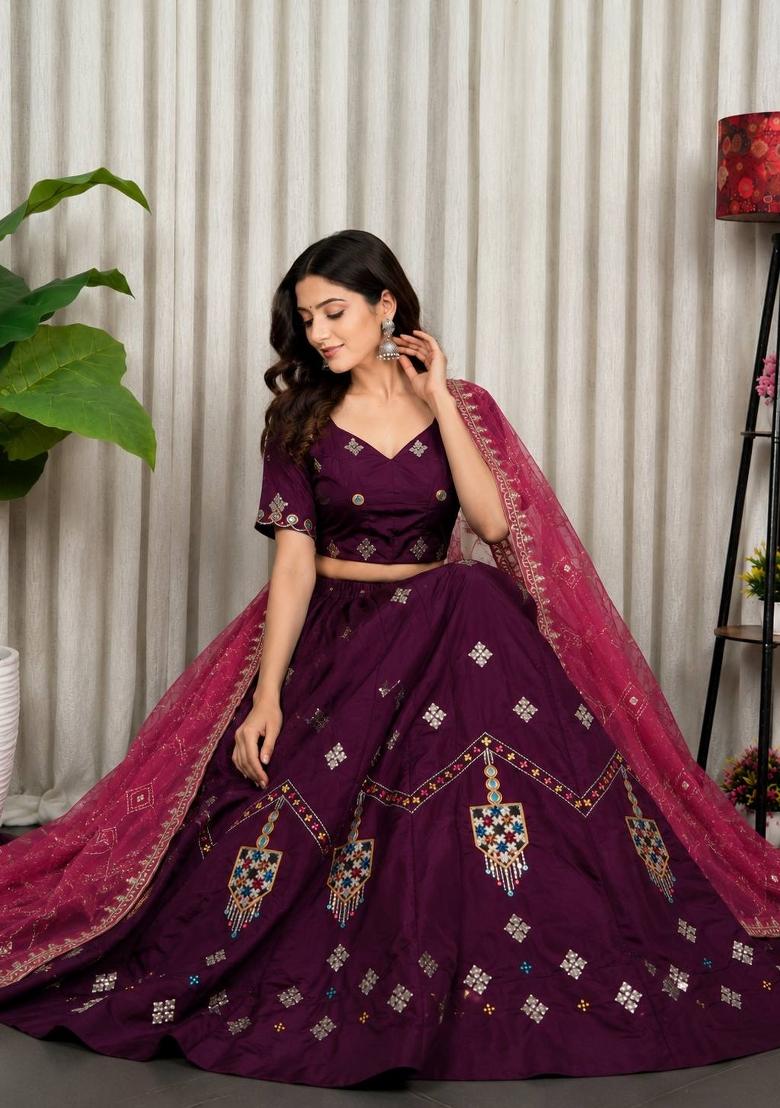 Purple Silk Lehenga Choli - Indya