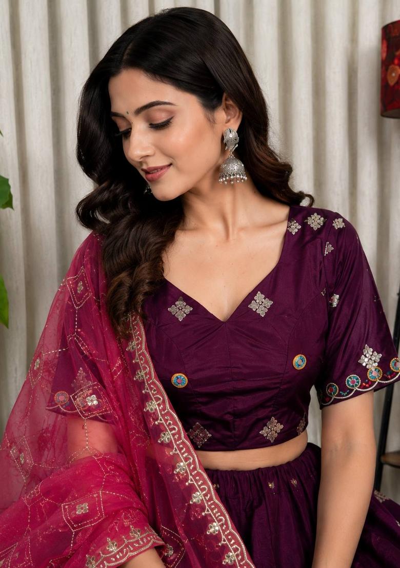 Purple Silk Lehenga Choli - Indya