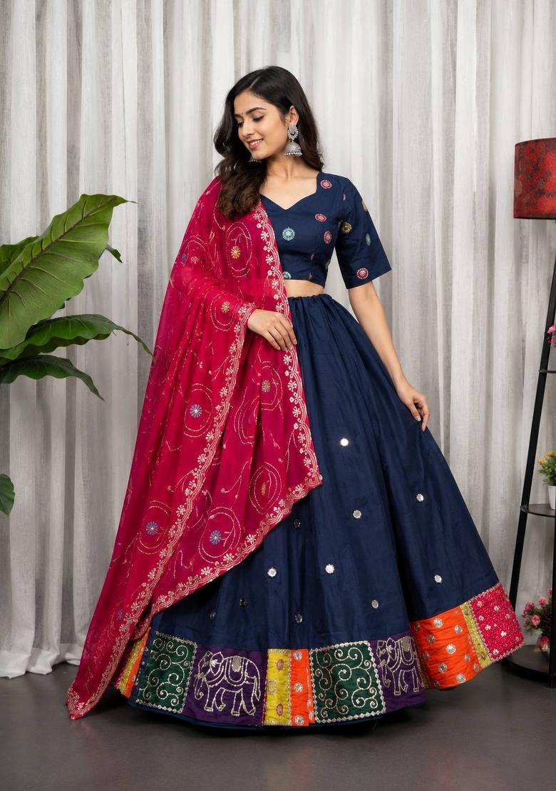 Blue Silk Lehenga Choli - Indya