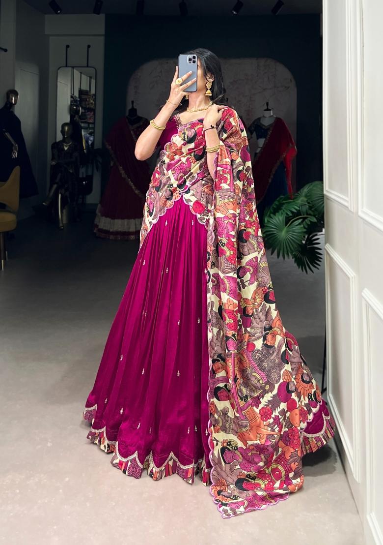 Pink Embroidery Silk Lehenga Set - Indya