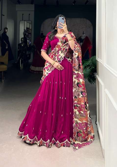 Pink Embroidery Silk Lehenga Set for Diwali and Festive Wear