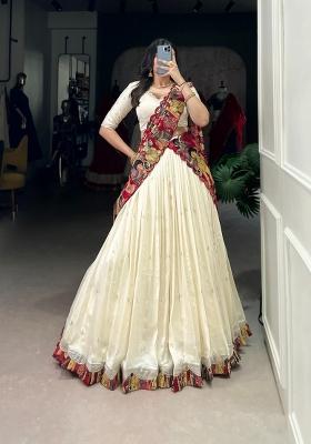 Off White Embroidery Silk Lehenga Set