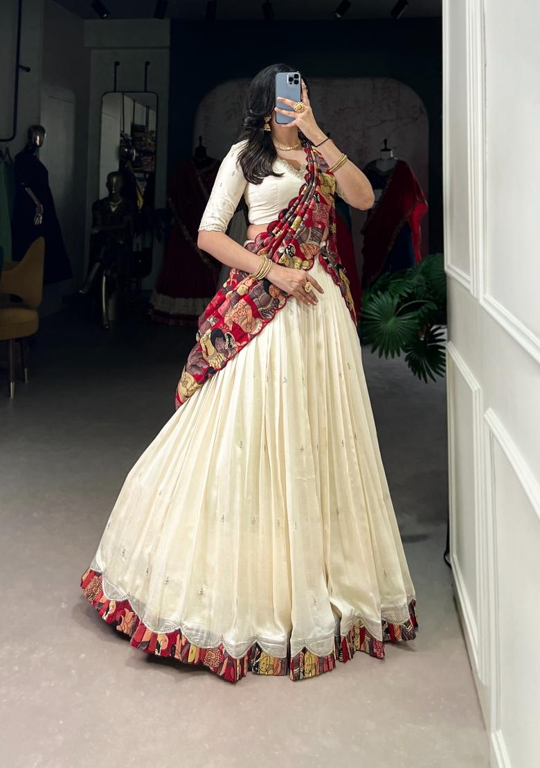 Off White Embroidery Silk Lehenga Set - Indya