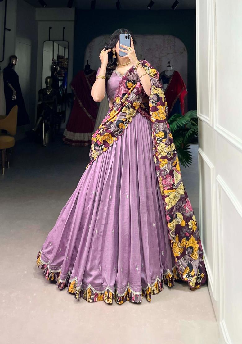 Lavender Embroidery Silk Lehenga Set - Indya