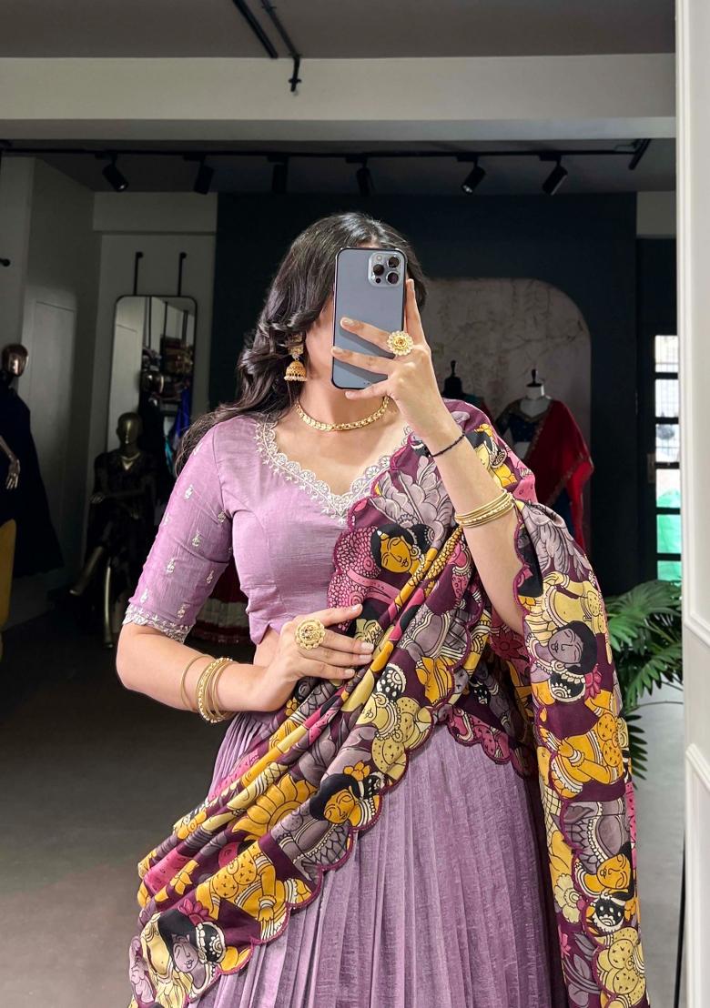 Lavender Embroidery Silk Lehenga Set - Indya