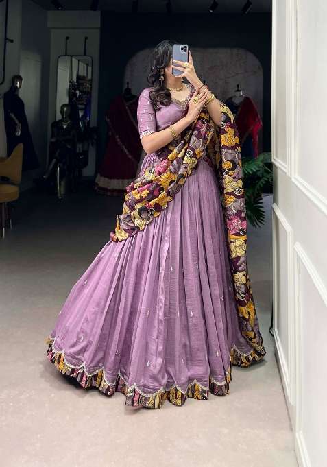 Lavender Silk Lehenga Set with Embroidery for Diwali | Wedding & Festive Wear