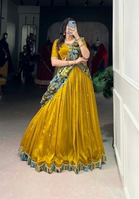 Mustard Embroidery Silk Lehenga Set