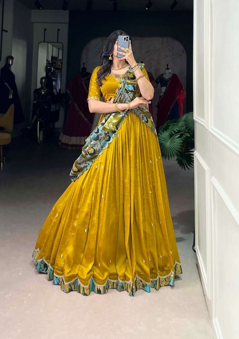 Mustard Embroidery Silk Lehenga Set for Diwali and Festive Wear - Indya