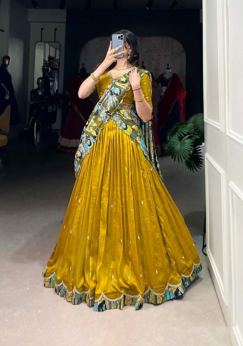 Mustard Embroidery Silk Lehenga Set - Indya