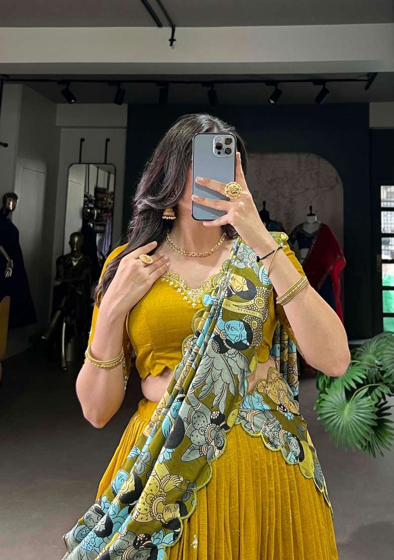 Mustard Embroidery Silk Lehenga Set for Diwali and Festive Wear - Indya