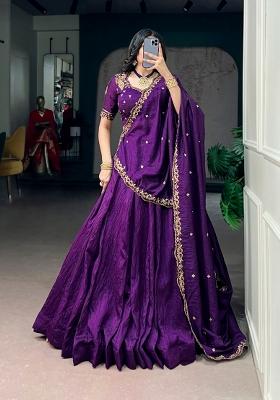 Purple Embroidery Silk Lehenga Set