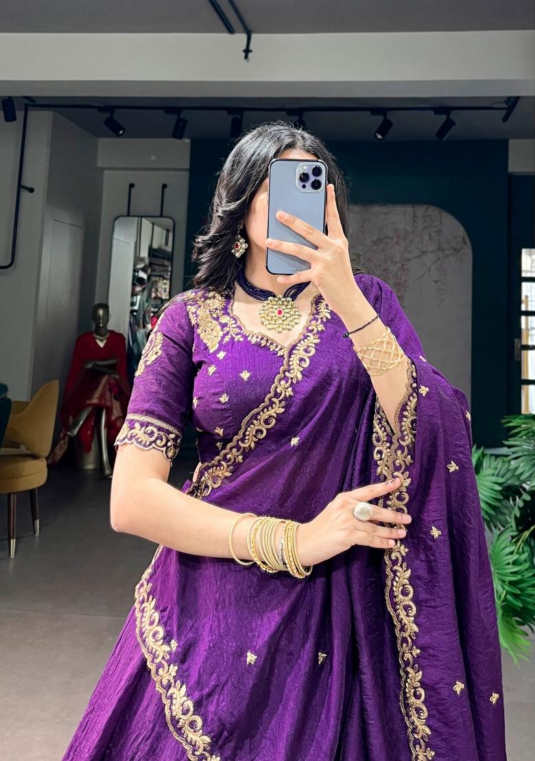Purple Embroidery Silk Lehenga Set - Indya