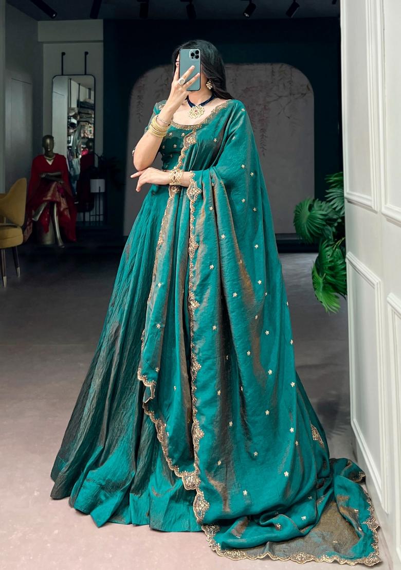 Blue Embroidery Silk Lehenga Set - Indya