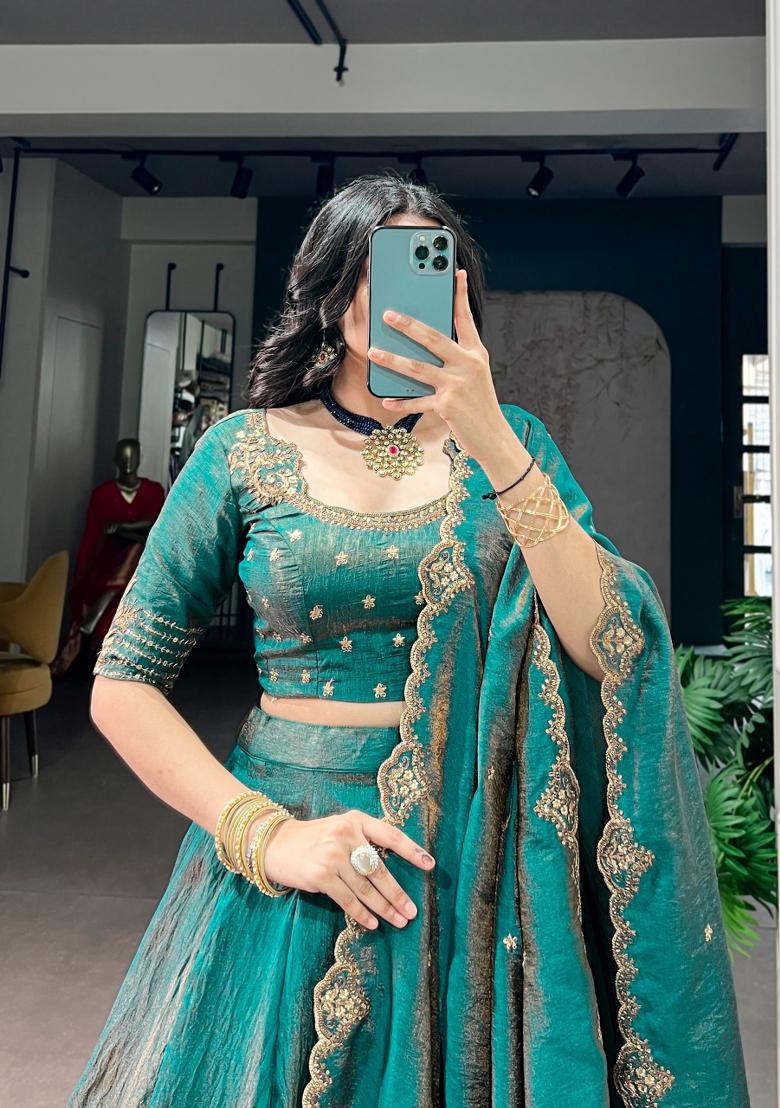 Blue Embroidery Silk Lehenga Set - Indya