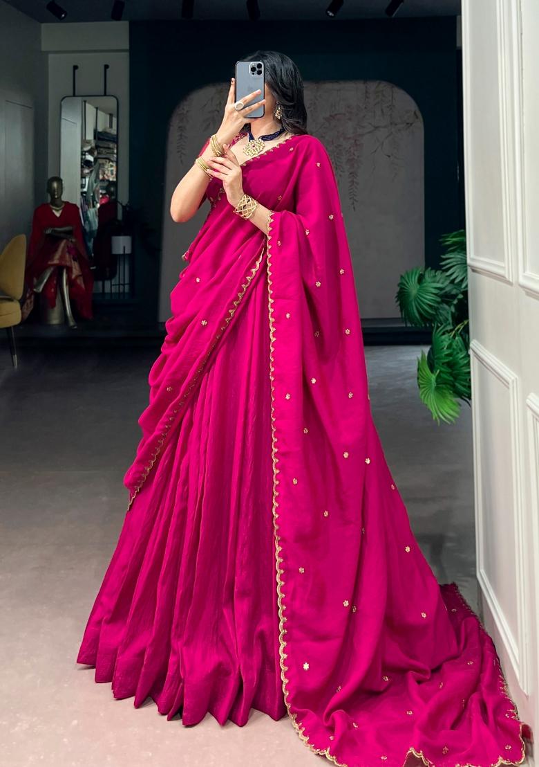 Pink Embroidery Silk Lehenga Set - Indya