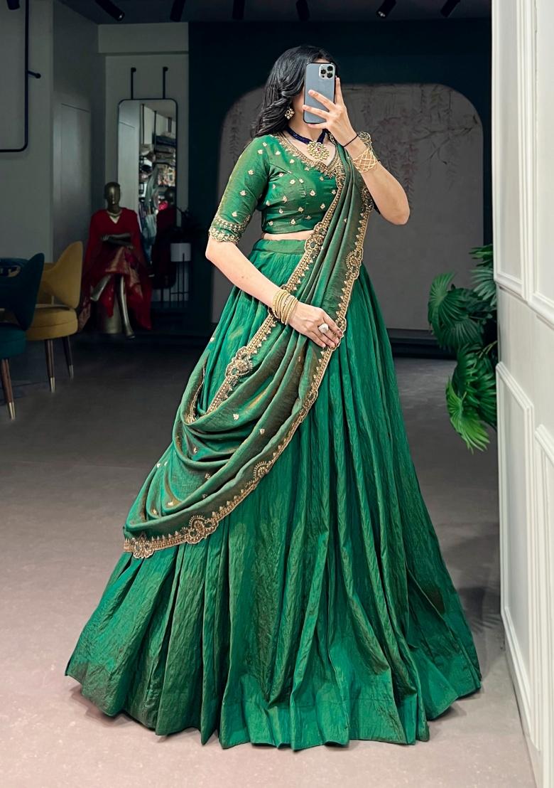 Green Embroidery Silk Lehenga Set - Indya