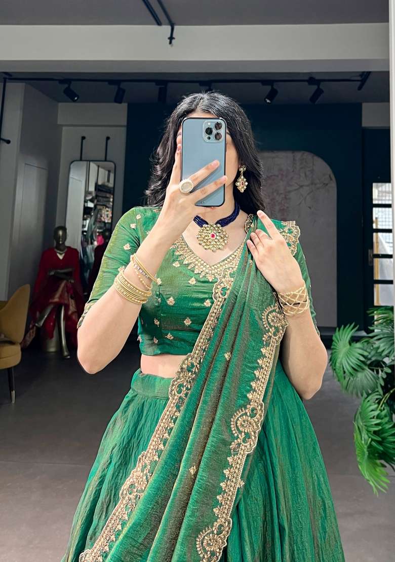 Green Embroidery Silk Lehenga Set for Diwali and Festive Wear - Indya