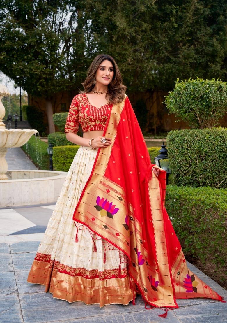 White Embroidery Silk Lehenga Set - Indya