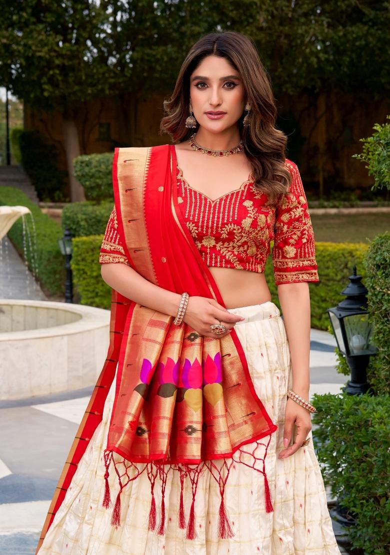 White Embroidery Silk Lehenga Set - Indya