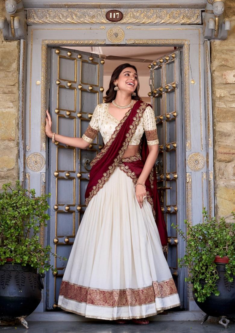 White Zari Work Silk Lehenga Set - Indya