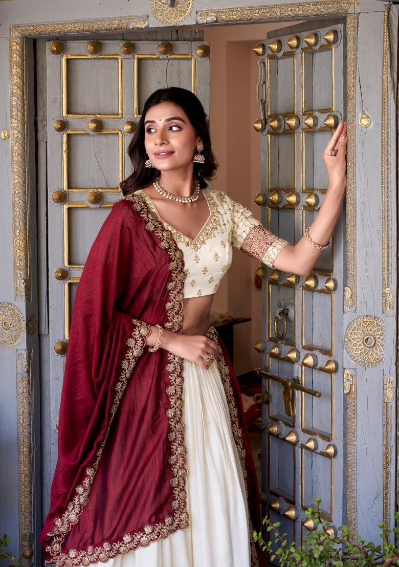 White Zari Work Silk Lehenga Set - Indya
