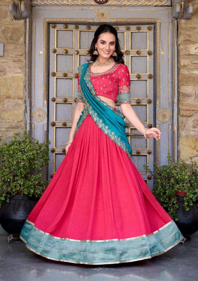 Pink Zari Work Silk Lehenga Set - Indya