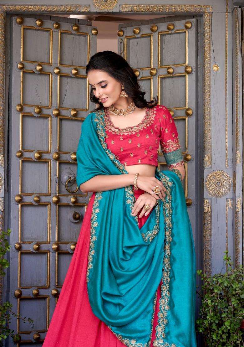 Pink Zari Work Silk Lehenga Set - Indya