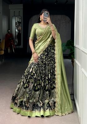 Black Printed Silk Lehenga Set