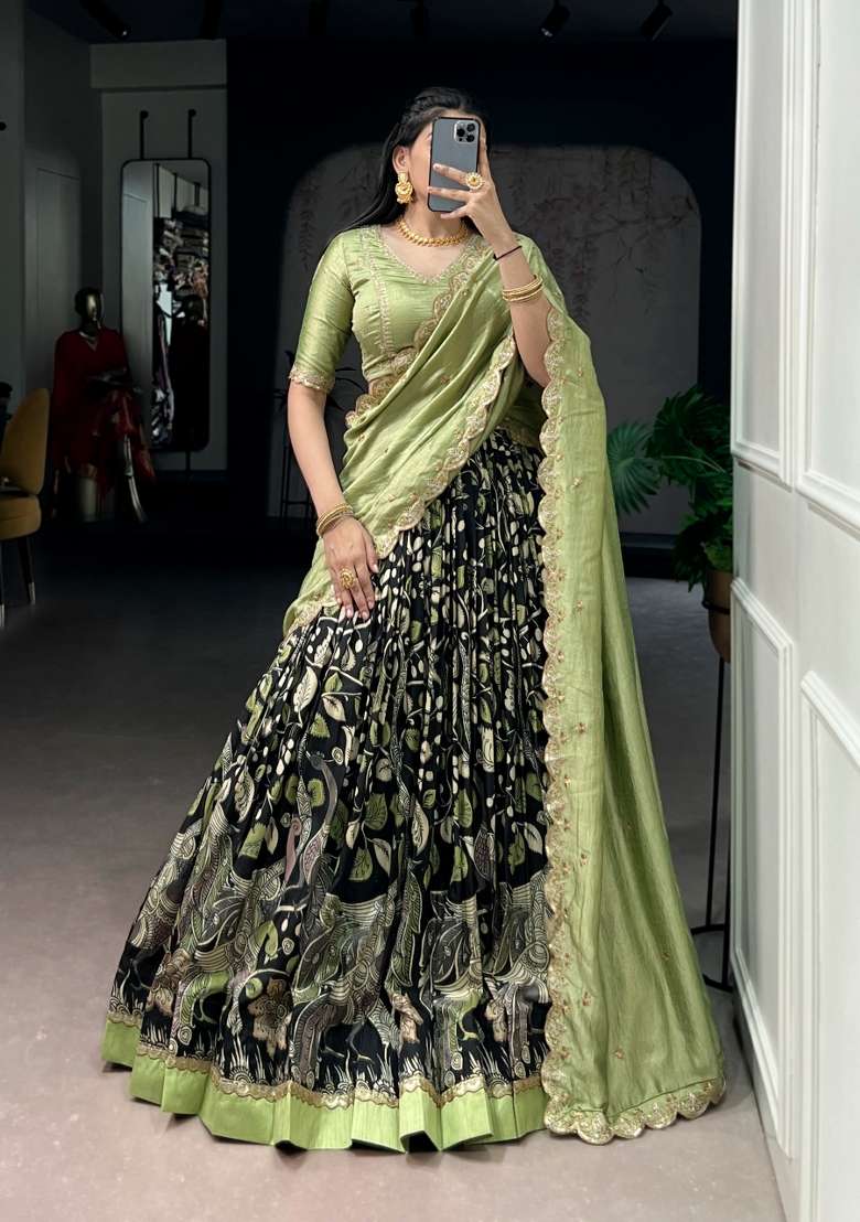 Black Silk Lehenga Set with Printed for Diwali | Wedding & Festive Wear - Indya